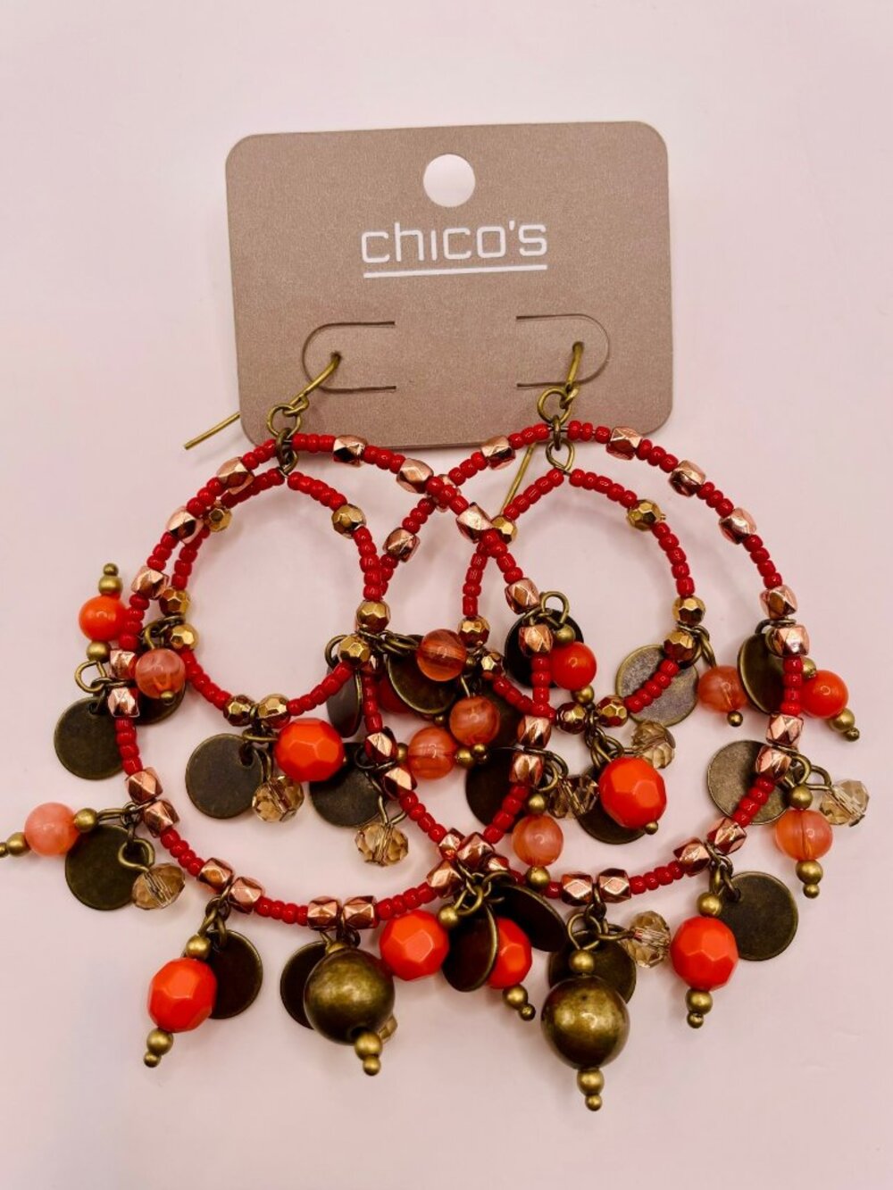 Chico's Beaded Hoop Earrings Dangle Charms - Red Orange & Bronze Accents -53B